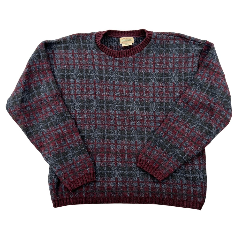 VTG 90s St Johns Bay Plaid Crewneck Sweater Men Medium Burgundy Navy Blue USA